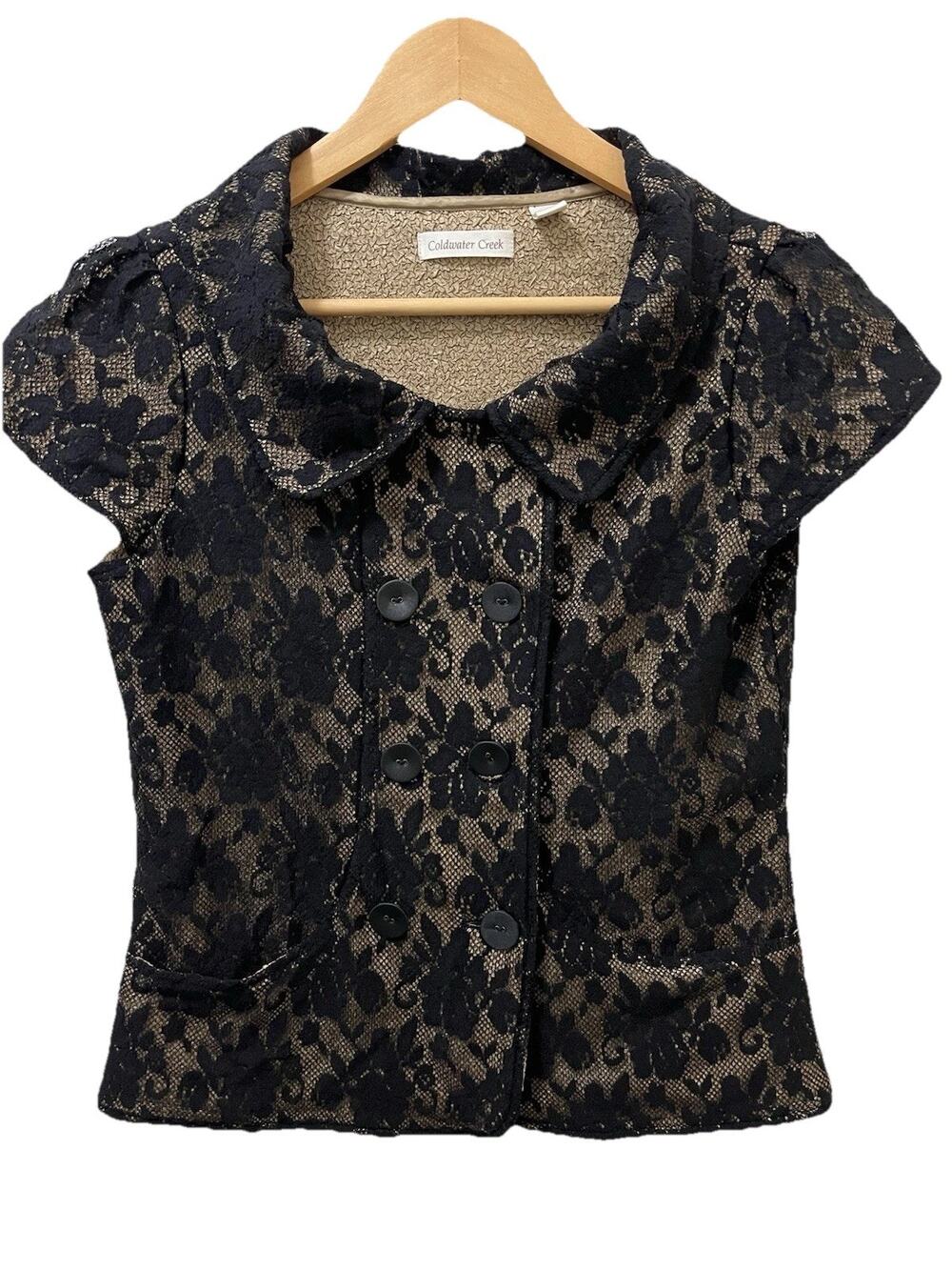 VTG Y2K 90s Gold Black Floral Lace Top Boho Whimsigoth Fairy Button Pockets M